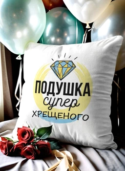 Подушка плюшева 32×32 см з принтом «Подушка супер хрещеного» — подарунок для хрещеного