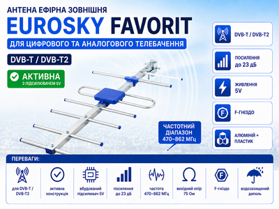 Антена зовнішня ефірна Eurosky Favorit активна з підсилювачем 5V для цифрового телебачення DVB-T2