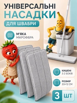 Насадка на швабру моп на липучке из микрофибры Hausland набор запасных насадок 3 шт 32х12 см сменная губка для швабры с отжимом серый (03180031)