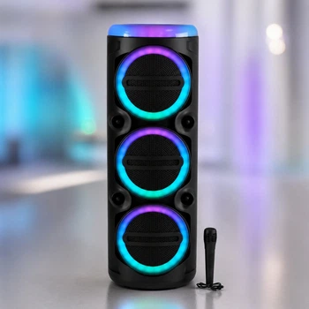 Портативна Bluetooth колонка MS-2076BT-W 90 Вт з бездротовим мікрофоном, Bluetooth 5.3, RGB підсвіткою, USB, SD, AUX, FM, акумулятором 3000 мА·год і колесами