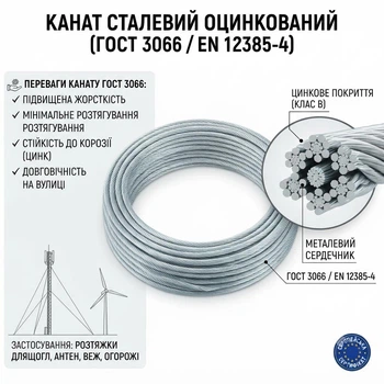 Канат (трос) стальной 10.0 мм оцинкованный ГОСТ 3066 EN 12385-4