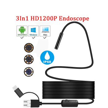 Жесткий эндоскоп-бороскоп 10 м 3в1 (USB-A/Micro-USB/USB-C/ЮСБ), 1600×1200p, водонепроницаемая IP68 камера на кабеле с подсветкой