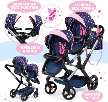 Wózek dla lalek bliźniaczy Bayer Niebieskie gwiazdki 81 cm Blue/Pink (4003336267167)