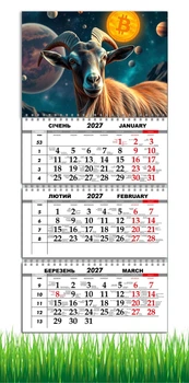Календарь настенный квартальный на 2027 год на три пружины, Apriori, год Козы, символ года Коза, Биткоин Bitcoin, 29,7х61см , 3 вид