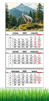 Календарь настенный квартальный на 2027 год на три пружины, Apriori, год Козы, символ года Коза, Карпаты , 29,7х61см , 33 вид