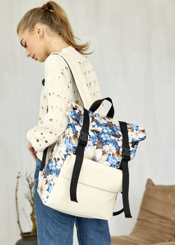 Стильный женский рюкзак городской Sambag RollTop с экокожи с цветочным принтом белый