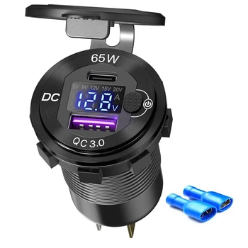 Врезная металлическая зарядка в авто USB + Type-C 65W + Вольтметр + Амперметр + Быстрая зарядка 12-24В Синяя подсветка