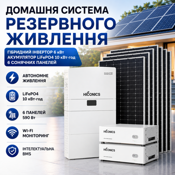 Домашня система резервного живлення Hiconics MIDEA 10 кВт·год All in One, гібридний інвертор 6 кВт, LiFePO4 10 кВт·год, комплект із 6 сонячними панелями по 590 Вт Сонячна електростанція Гібридна система накопичення енергії