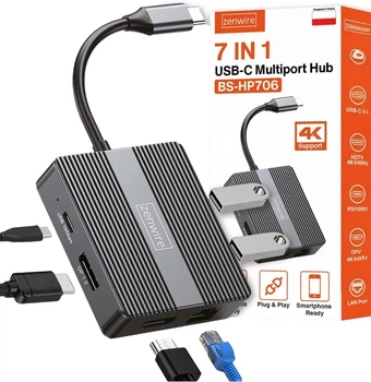 Hub USB-C Zenwire BS-HP706 7w1 HDMI 4K 60Hz DisplayPort Gigabit Ethernet
