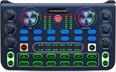 Профессиональный аудио микшер и звуковая карта Fockety Professional Audio Mixer с Bluetooth и звуковыми эффектами, интеллектуальное шумоподавление, разноцветная подсветка, беспроводной микшер