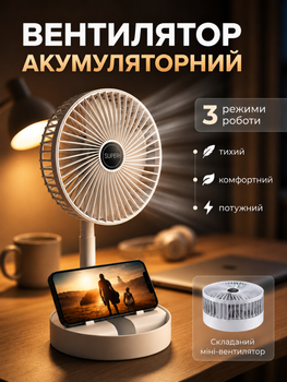 Складной телескопический вентилятор аккумуляторный настольный, портативный, переносной, 3 скорости, регулировка высоты и наклона 180°, компактный вентилятор для дома, офиса, дачи, путешествий, белый