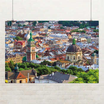 Постер Львов, вид на центр с высоты, Lviv, интерьерный декор, A3 28×42 см (id0587)