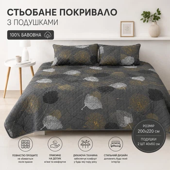 Покрывало на кровать 200×220 евро с 2 подушками 40×60 см стеганое двустороннее прошитое натуральное в упаковке Астер серый