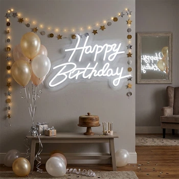 Светодиодная (LED) неоновая вывеска "Happy Birthday", от USB, белая, 40*26 см (9318-004)