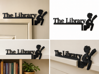 Табличка на двері або полицю the library з фігуркою читача. Aivory