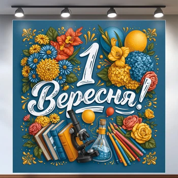 Баннер для фотозоны «1 Сентября!» с книгами, микроскопом и цветами ко Дню знаний 120x120см, №41117
