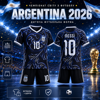 Форма футбольна дитяча Argentina 2026 Messi 10 чорна синя комплект футболка та шорти розмір 18 — зріст 100–110 см