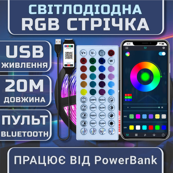 Світлодіодна RGB стрічка комплект 20м з пультом на 44 кнопки та Bluetooth, 18 світлодіодів на метр, USB 5V