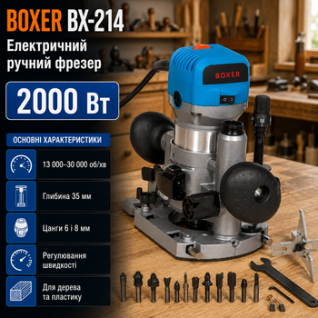 Електричний ручний фрезер BOXER BX-214 2000 Вт 13000 30000 об хв глибина занурення 35 мм цанги 6 і 8 мм для дерева та пластику