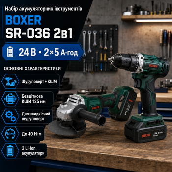 Набор аккумуляторных инструментов BOXER SR-036 2в1 шуруповерт и КШМ 125 мм 24 В 5 Ач 2 аккумулятора Li-Ion зарядное устройство и кейс