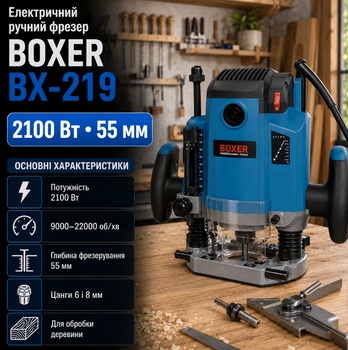Електричний ручний фрезер BOXER BX-219 2100 Вт 9000 22000 об хв глибина фрезерування 55 мм цанги 6 і 8 мм для обробки деревини
