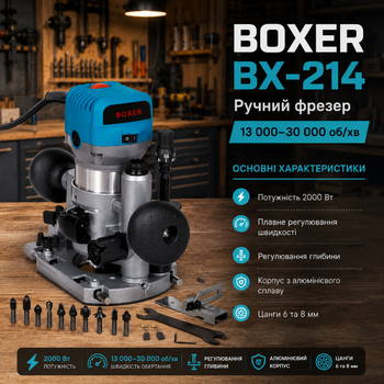Фрезер по дереву BOXER BX-214 2000 Вт 30000 об хв із регулюванням швидкості глибиною занурення 35 мм цангами 6 і 8 мм
