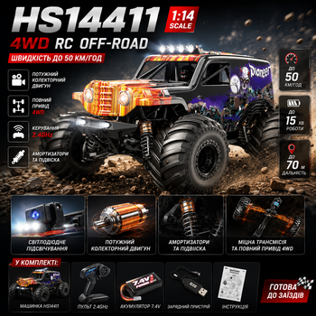 Радиоуправляемая машинка HS14411 1:14 4WD на пульте управления до 50 км/ч, RC внедорожник, вездеход, аккумулятор 7.4V