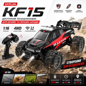 Радиоуправляемая машинка KFPLAN KF15 1:16 4WD на пульте управления до 45 км/ч, RC внедорожник, вездеход, аккумулятор 7.4V