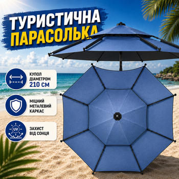 Пляжный туристический зонт 210 см с двойным куполом и регулировкой наклона большой садовый зонт для пляжа рыбалки и кемпинга Синий