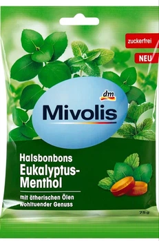 Льодяники для горла з евкаліптом та ментолом Mivolis, 75 г (без цукру)