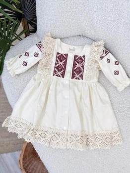 Летнее платье-вышиванка для девочки Family Tradition сатин с вышивкой и кружевом 80 см светло-кремовое Смуглянка
