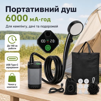 Портативный аккумуляторный душ MaxFlow 6000 мА·ч с насосом, термометром, 2 режимами и USB Type-C для кемпинга и дачи