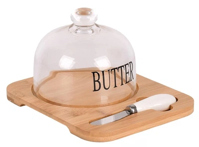 Маслянка Butter зі скляною кришкою, бамбуковою підставкою та ножем 17×20×11 см