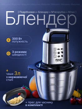 Кухонний подрібнювач блендер 4 в 1 потужний комбайн 300 Вт 3 л електропристрій із 3 швидкостями насадками для подрібнення збивання та змішування електричний універсальний компактний домашній прилад із нержавіючої сталі + часникодавка у комплекті (800)