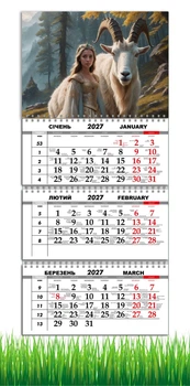 Календар настінний квартальний на 2027 рік на три пружини , Apriori, рік Кози, символ року Коза, Природа 29,7х61см , 3 вид