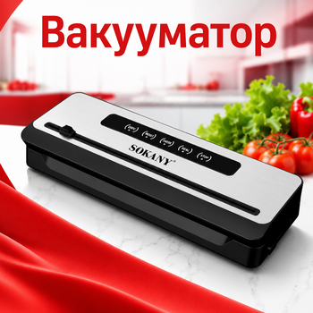 Вакууматор Sokany SK-13076 для вакуумной упаковки продуктов с сенсорным управлением, режимами для сухих и влажных продуктов, мощностью 200 Вт, силой всасывания до -70 кПа