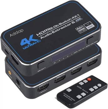 HDMI Комутатор | світч на 4 порти Addap HVS-04, чотиринаправлений відео перемикач 4К, з підтримкою ARC, Black
