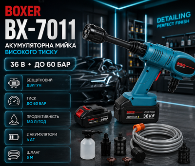 Аккумуляторная мойка высокого давления Boxer BX7011 36 В 2 аккумулятора 4 А ч 60 бар 180 л ч бесщеточная для автомобиля и дома
