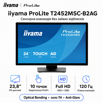 Монитор сенсорный 23.8" IIYAMA ProLite T2452MSC-B2AG IPS 1920x1080 120 Гц 420 кд/м² колонки 2x1 Вт Black