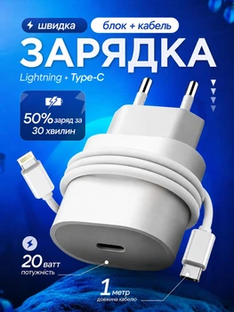 Комплект быстрой зарядки Сетевое зарядное устройство 20W USB-C Power Delivery + Кабель USB-C – Lightning 1 м Быстрая зарядка для iPhone, iPad, AirPods, Белая