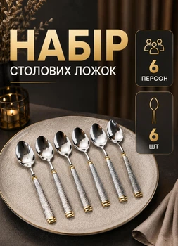 Набор столовых ложек из нержавеющей стали 6 штук 21 см столовые ложки на 6 персон для сервировки стола Серебристый с золото