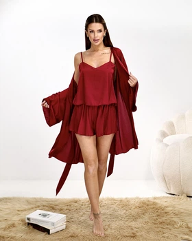 Піжама жіноча трійка халат майка шорти Priscilla Collection Бордовий, S/M