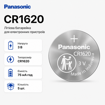 Батарейка Panasonic CR1620 3V 75 мАч Lithium в упаковке 5 шт (CR-1620/5BE)