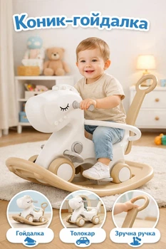 Детская качалка‑толокар 3в1 Terrio Horsy Coffee — качалка + толокар + родительская ручка