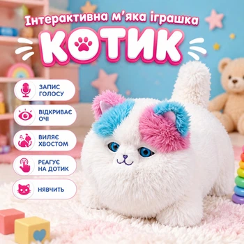 Интерактивная мягкая игрушка Котик, запись голоса, открывает глаза, виляет хвостом, реагирует на прикосновение, мяучит Білий (i7-191740)