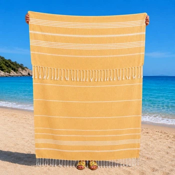 Полотенце пештемаль Turkey Towel 100х180 легкое большое для пляжа бассейна бани сауны подстилка на дачу пикник природу отпуск море полоса желтый