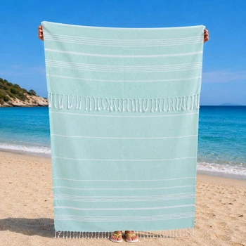 Полотенце пештемаль Turkey Towel 100х180 легкое большое для пляжа бассейна бани сауны подстилка на дачу пикник природу отпуск море полоса мятный