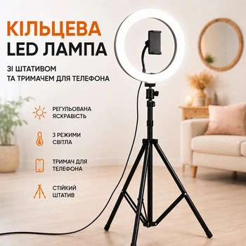 Кільцева лампа 26см із Штативом для лампи 0,7-2 м, Світлодіодна лампа-кільце для селфі, блогерів, тіктоку, резервне освітлення