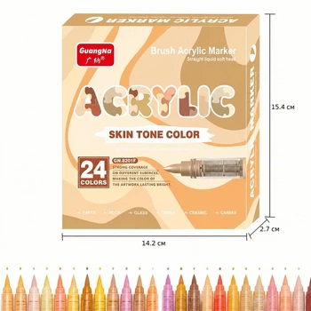 GuangNa Acrylic Marker Skin Tone Color 24 Colors професійний набір акрилових маркерів із пензлевим наконечником, палітра тілесних відтінків для малювання, скетчингу, розпису каменю, дерева, скла, кераміки та полотна.