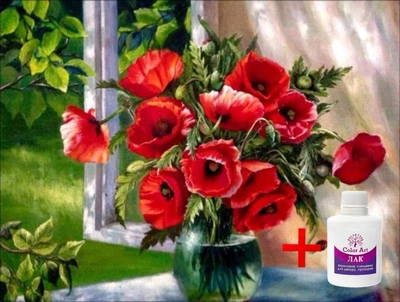 Набір алмазної мозаїки на підрамнику ColorArt Маки на підвіконні 40x50 SPP058 + Подарунок лак для покриття